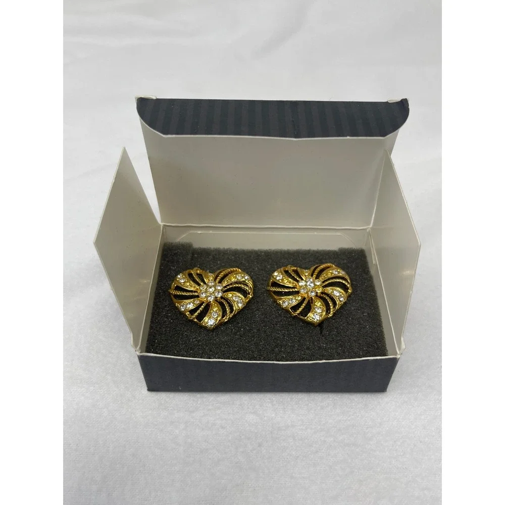 Avon Romantic Trellis Heart Clip On Earrings Gold Tone Rhinestone Swirl Vintage